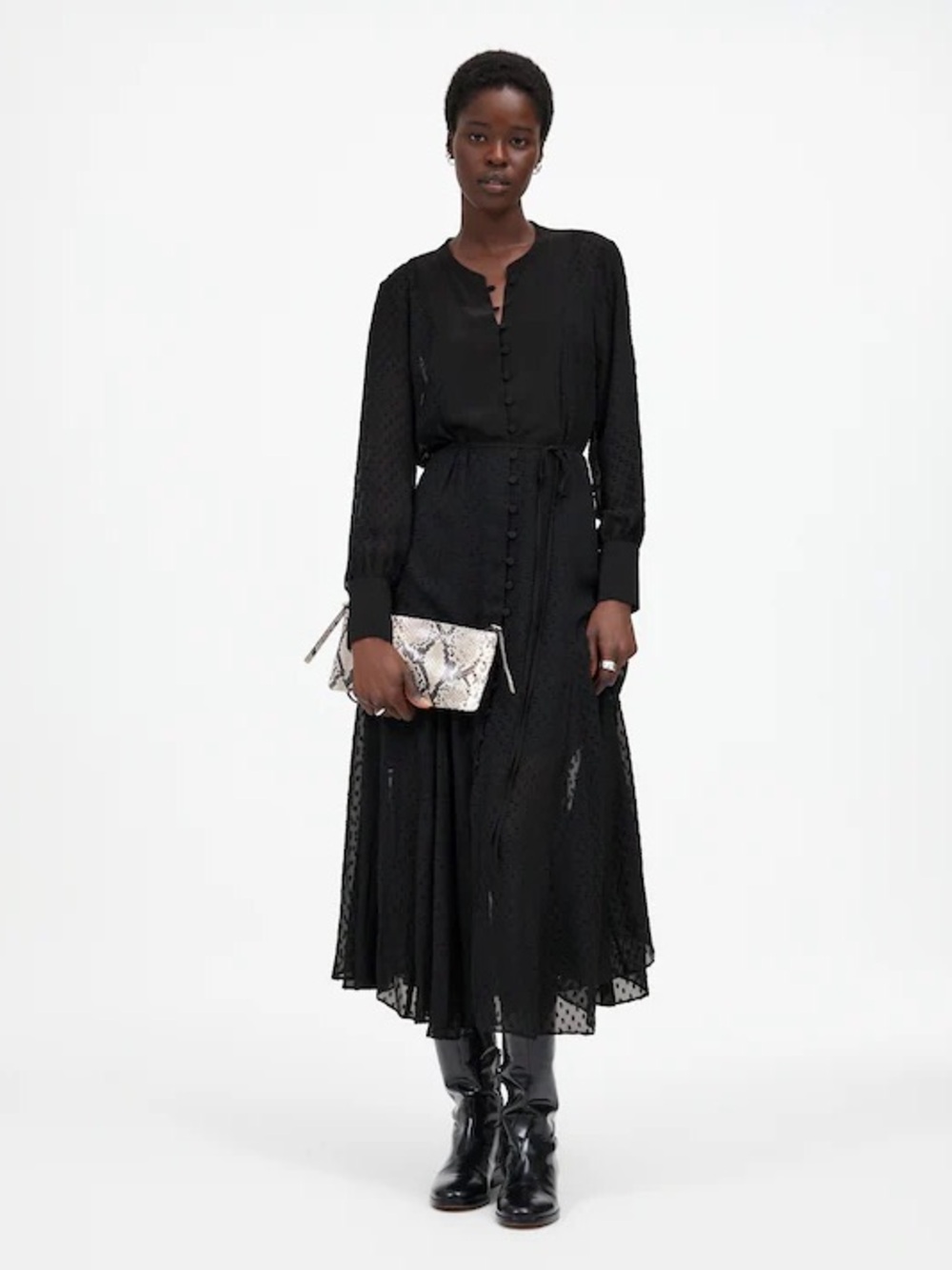 Madewell NWOT Tie-Waist Midi Black Long Sleeve Dress in Clip Dot